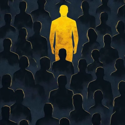 Una figura luminosa destaca entre una multitud